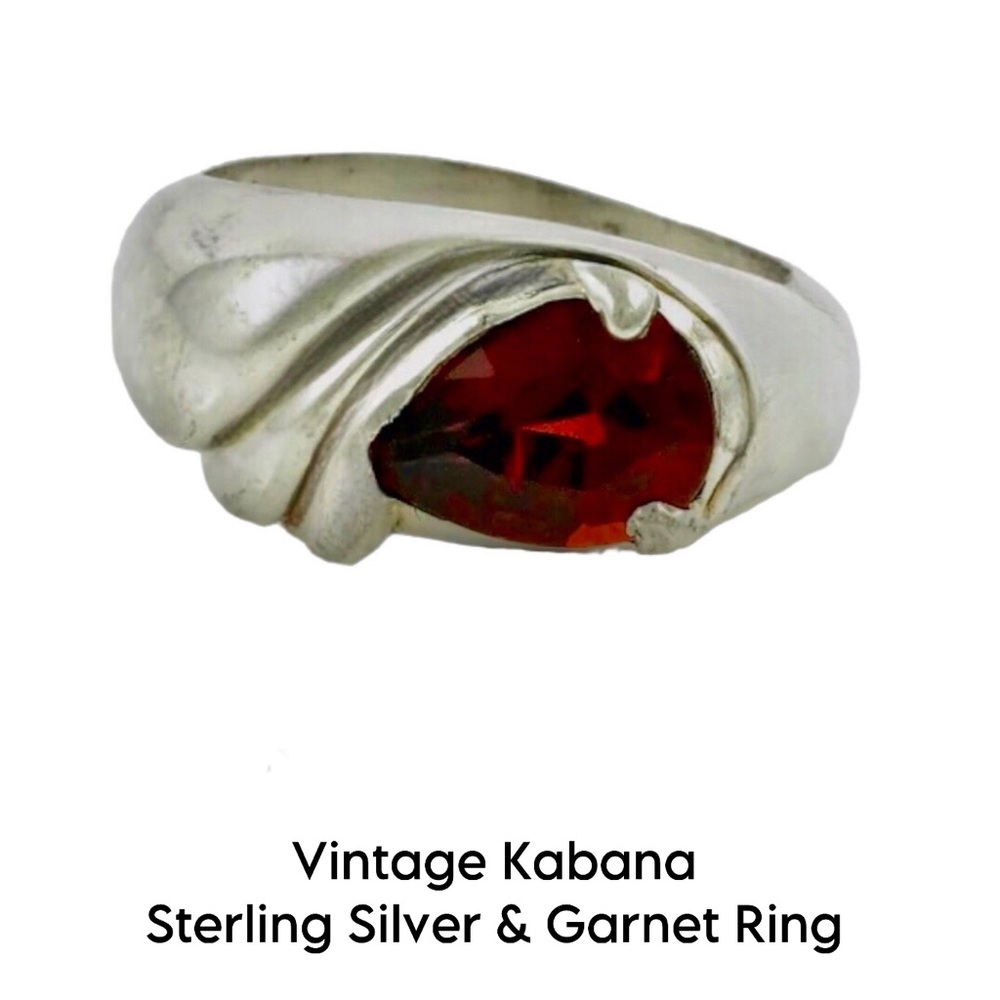 Vintage KABANA Garnet Ring - 2 Ct Teardrop Stone Set in Sterling Silver Sz 8 EUC